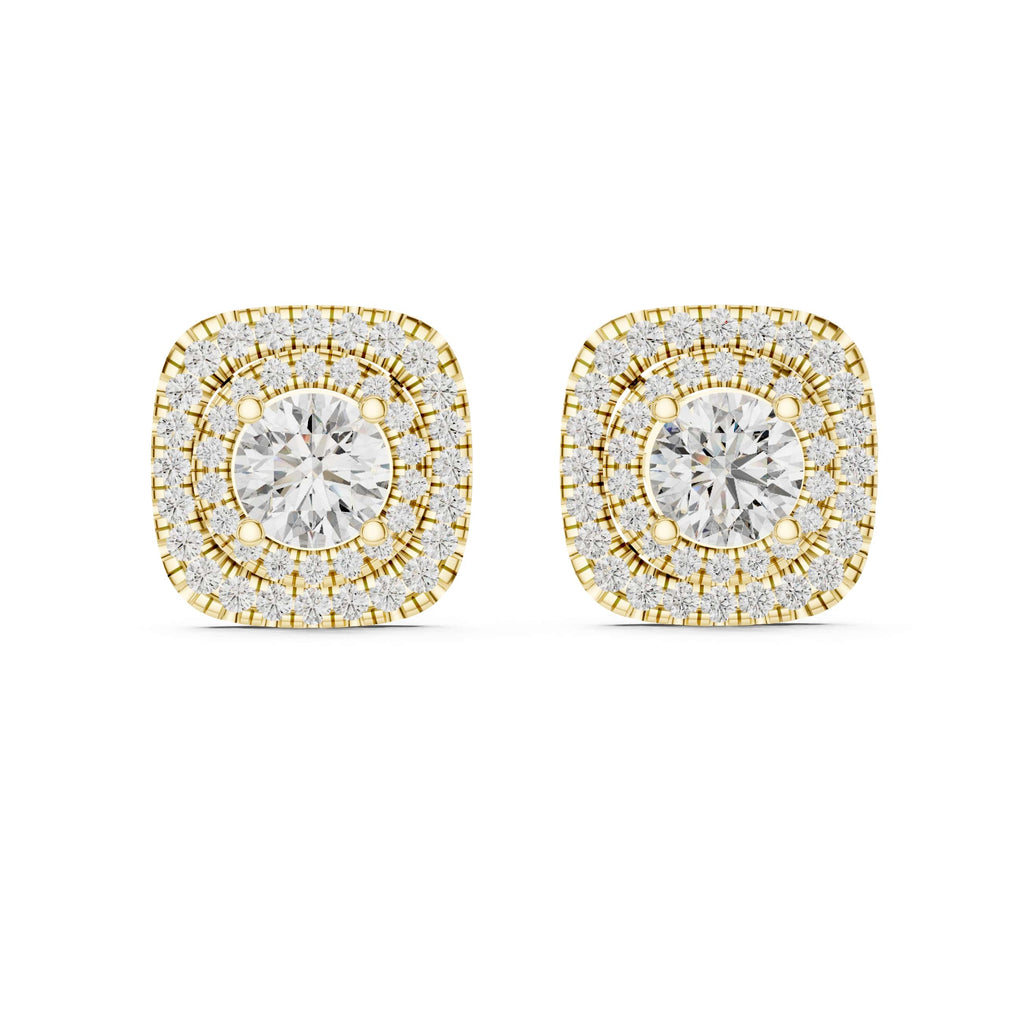 Triple Halo Cushion Diamond Stud Earrings with Layered Brilliance - 1.25 CT Each Luxury Statement Studs | The Elisora Jewels