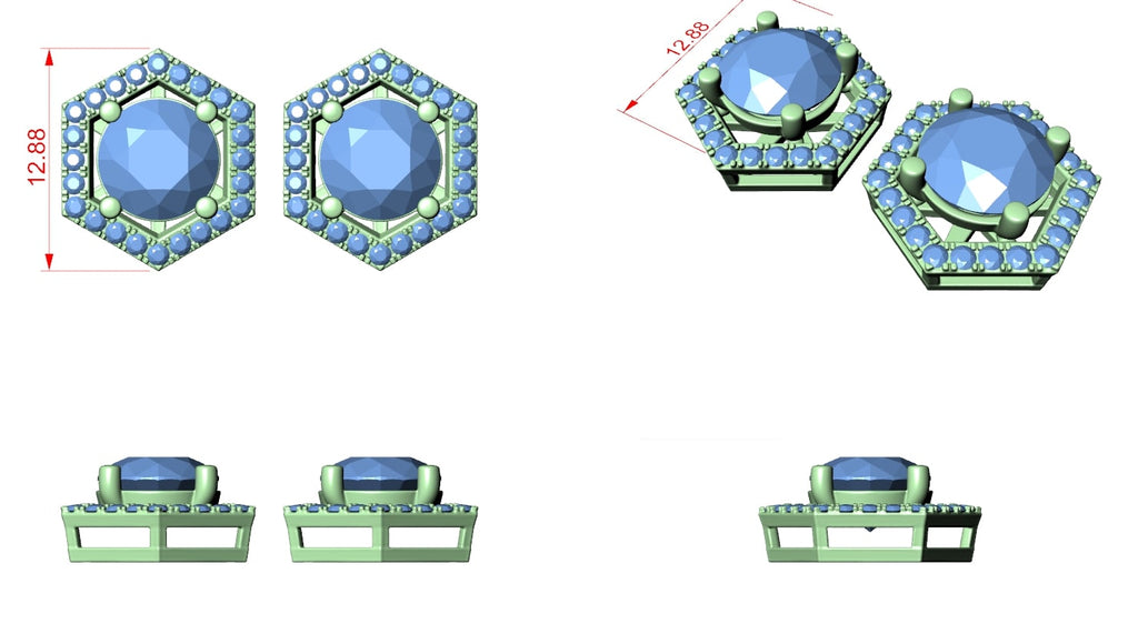 Hexagon Halo Stud Earrings | Modern Geometric Halo Earrings | Round Cut Center with Pavé Frame | Minimalist Luxury Everyday Studs