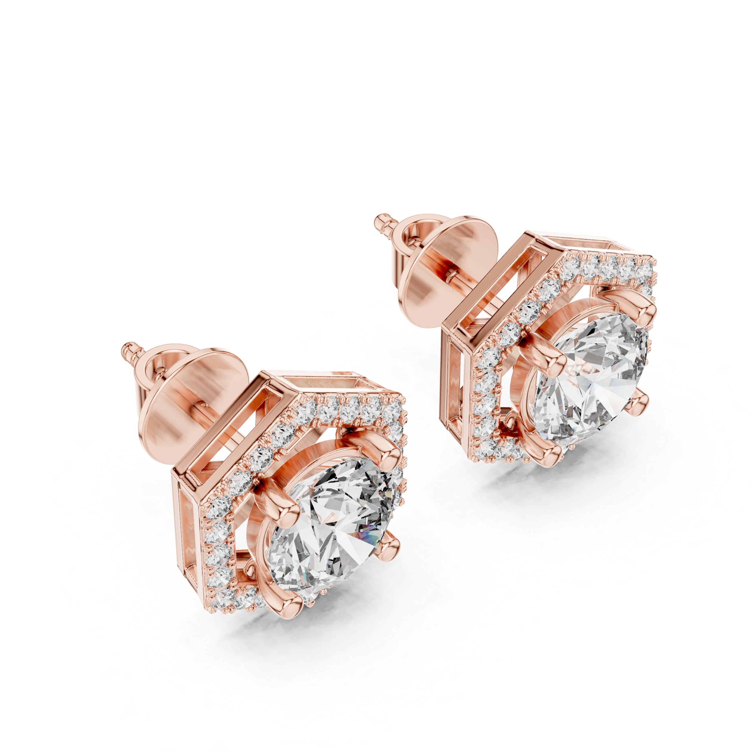 Hexagon Halo Stud Earrings | Modern Geometric Halo Earrings | Round Cut Center with Pavé Frame | Minimalist Luxury Everyday Studs