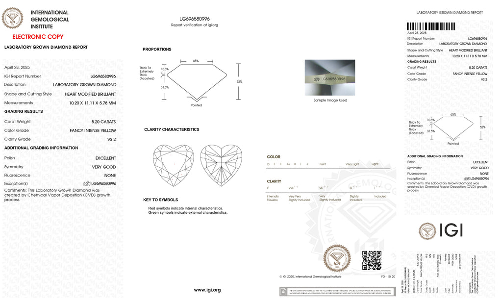 5.20 CT Fancy Intense Yellow Heart-Shaped Lab Grown Diamond • VS2 Clarity • IGI Certified