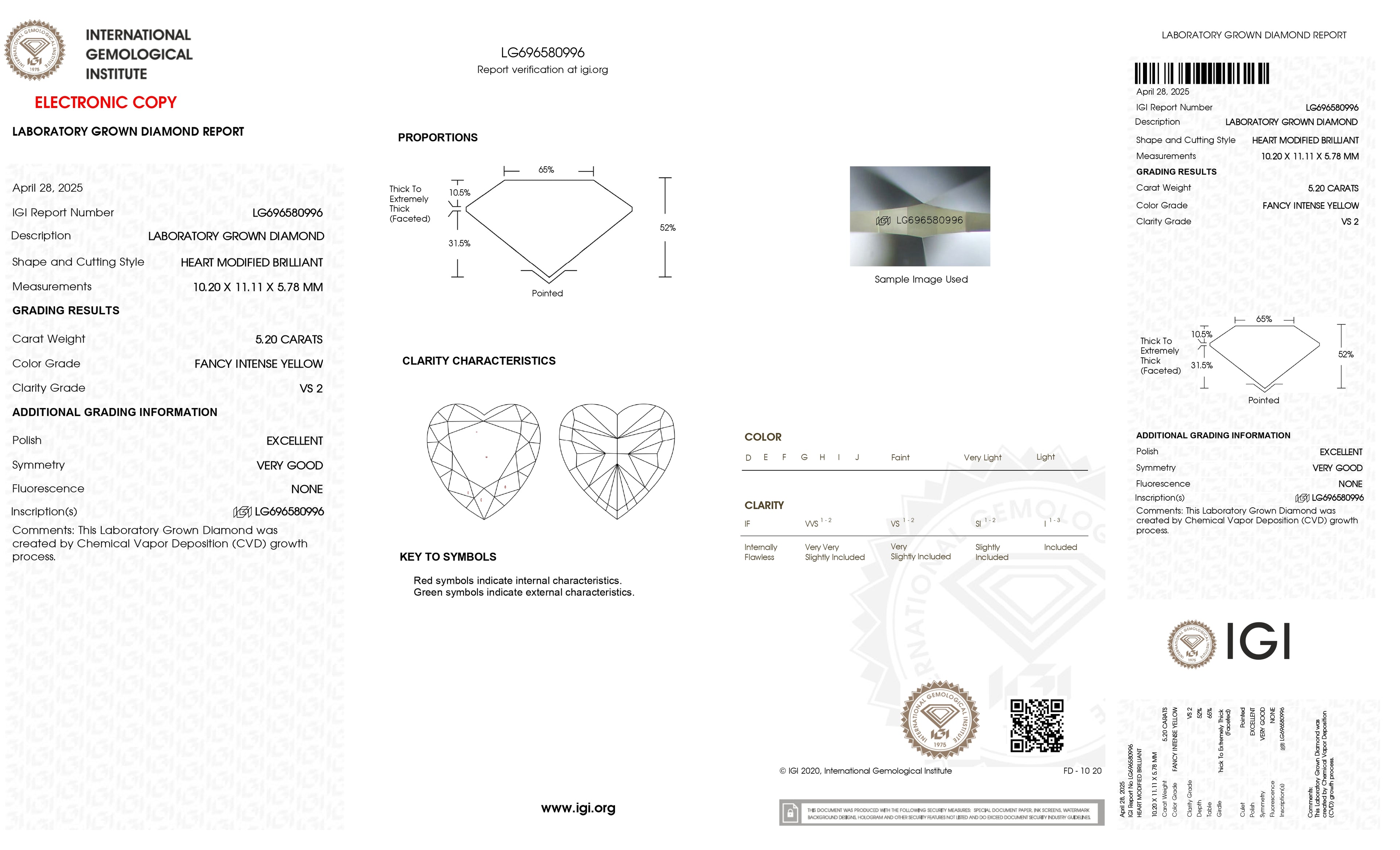 5.20 CT Fancy Intense Yellow Heart-Shaped Lab Grown Diamond • VS2 Clarity • IGI Certified
