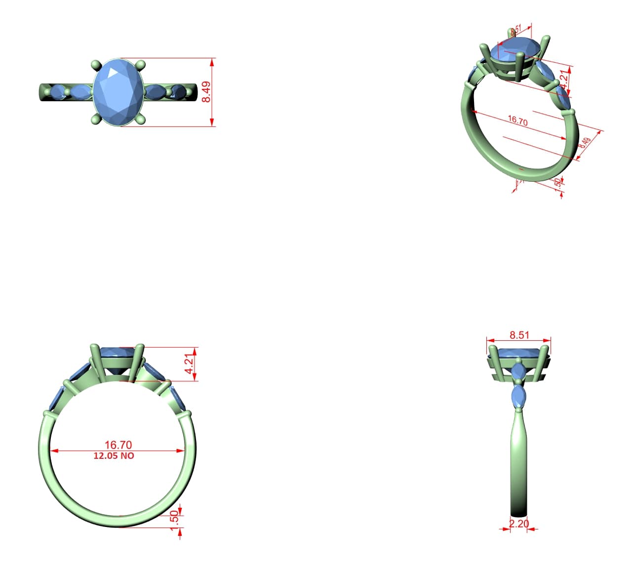 Elisora Oval Three-Stone Moissanite or Lab Diamond Engagement Ring | Marquise Side Accents in 10K/14K Gold or Silver