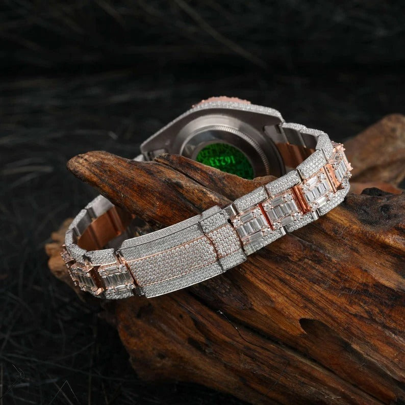 Elisora Dual-Tone Iced Moissanite Automatic Watch - 31 CT VVS1 D-Color Round & Baguette Cut • 904 Stainless Steel Luxury Timepiece