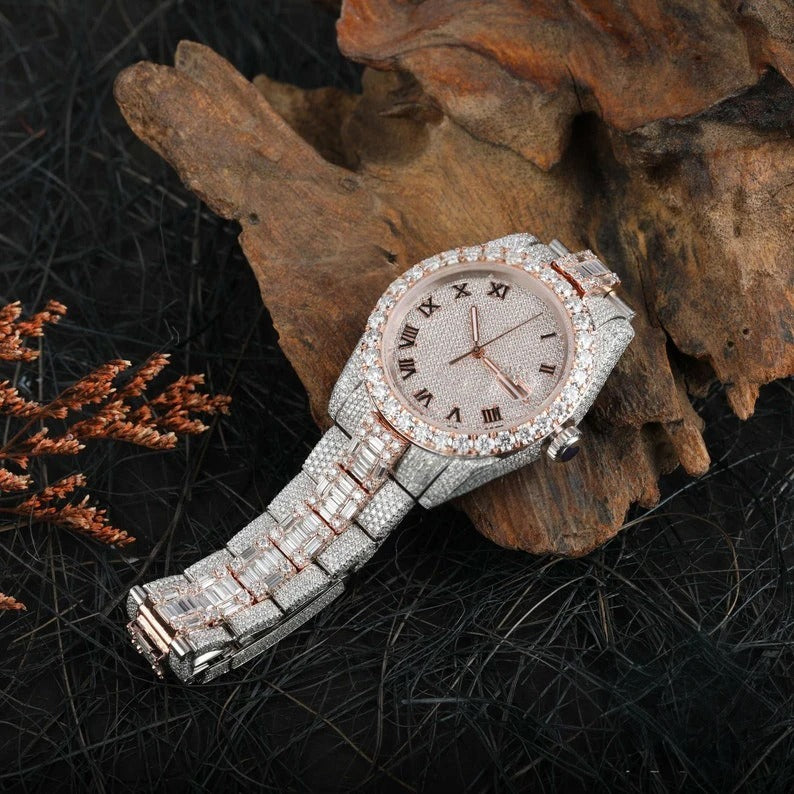 Elisora Dual-Tone Iced Moissanite Automatic Watch - 31 CT VVS1 D-Color Round & Baguette Cut • 904 Stainless Steel Luxury Timepiece