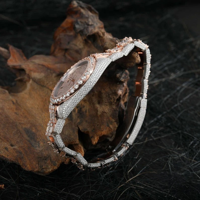 Elisora Dual-Tone Iced Moissanite Automatic Watch - 31 CT VVS1 D-Color Round & Baguette Cut • 904 Stainless Steel Luxury Timepiece