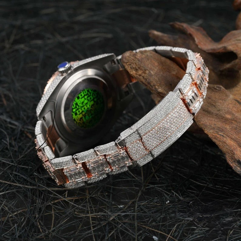 Elisora Dual-Tone Iced Moissanite Automatic Watch - 31 CT VVS1 D-Color Round & Baguette Cut • 904 Stainless Steel Luxury Timepiece