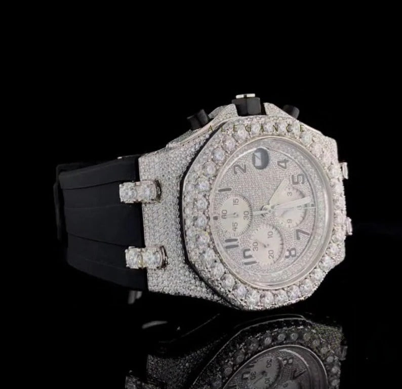 Elisora Iced Moissanite Chronograph Watch - 16 CT VVS1 Brilliant Cut • 904 Stainless Steel Art Nouveau Luxury Timepiece
