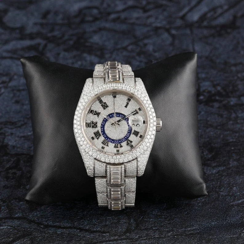 Elisora Fully Iced Moissanite Automatic Watch - 32 CT VVS1 Round & Baguette Cut • Roman Dial • 904 Stainless Steel Luxury Timepiece