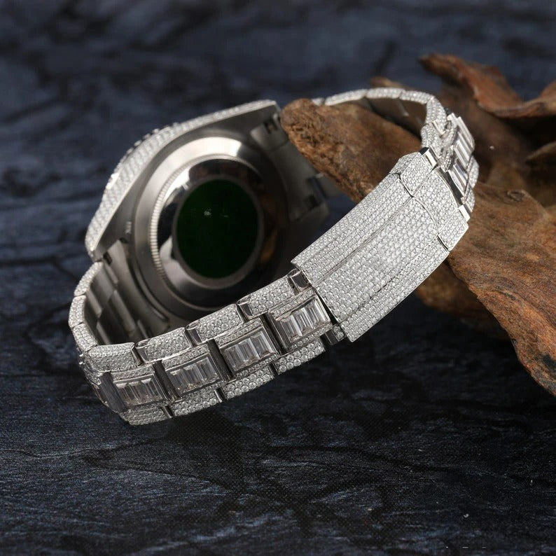 Elisora Fully Iced Moissanite Automatic Watch - 32 CT VVS1 Round & Baguette Cut • Roman Dial • 904 Stainless Steel Luxury Timepiece