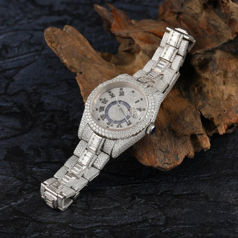 Elisora Fully Iced Moissanite Automatic Watch - 32 CT VVS1 Round & Baguette Cut • Roman Dial • 904 Stainless Steel Luxury Timepiece