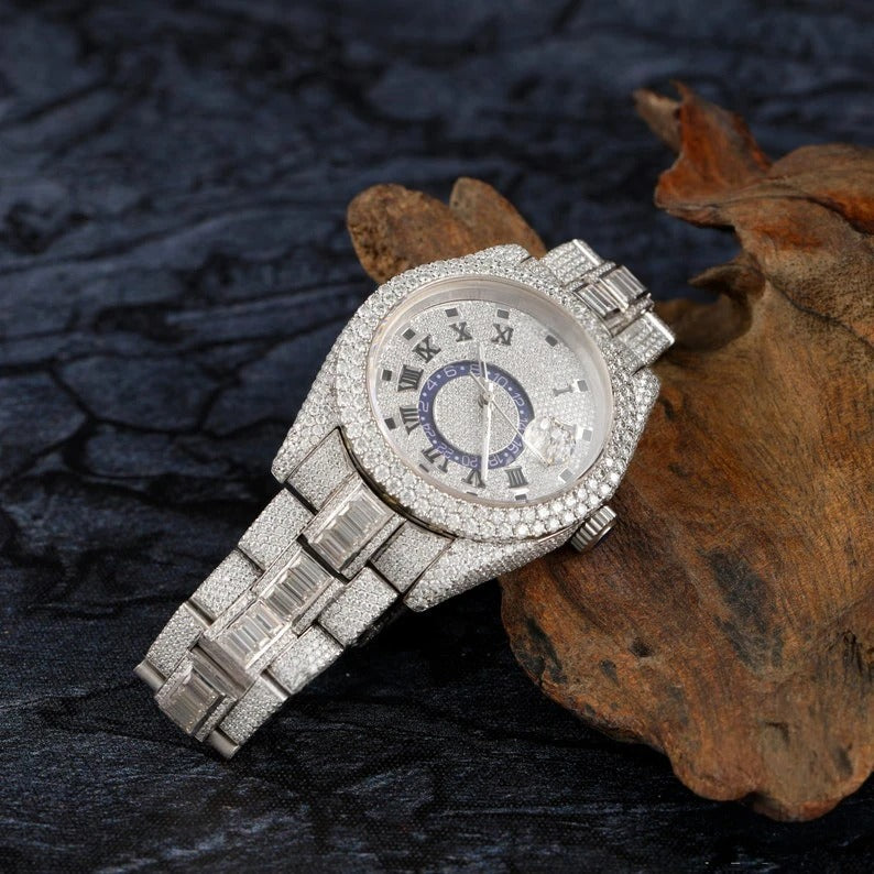 Elisora Fully Iced Moissanite Automatic Watch - 32 CT VVS1 Round & Baguette Cut • Roman Dial • 904 Stainless Steel Luxury Timepiece