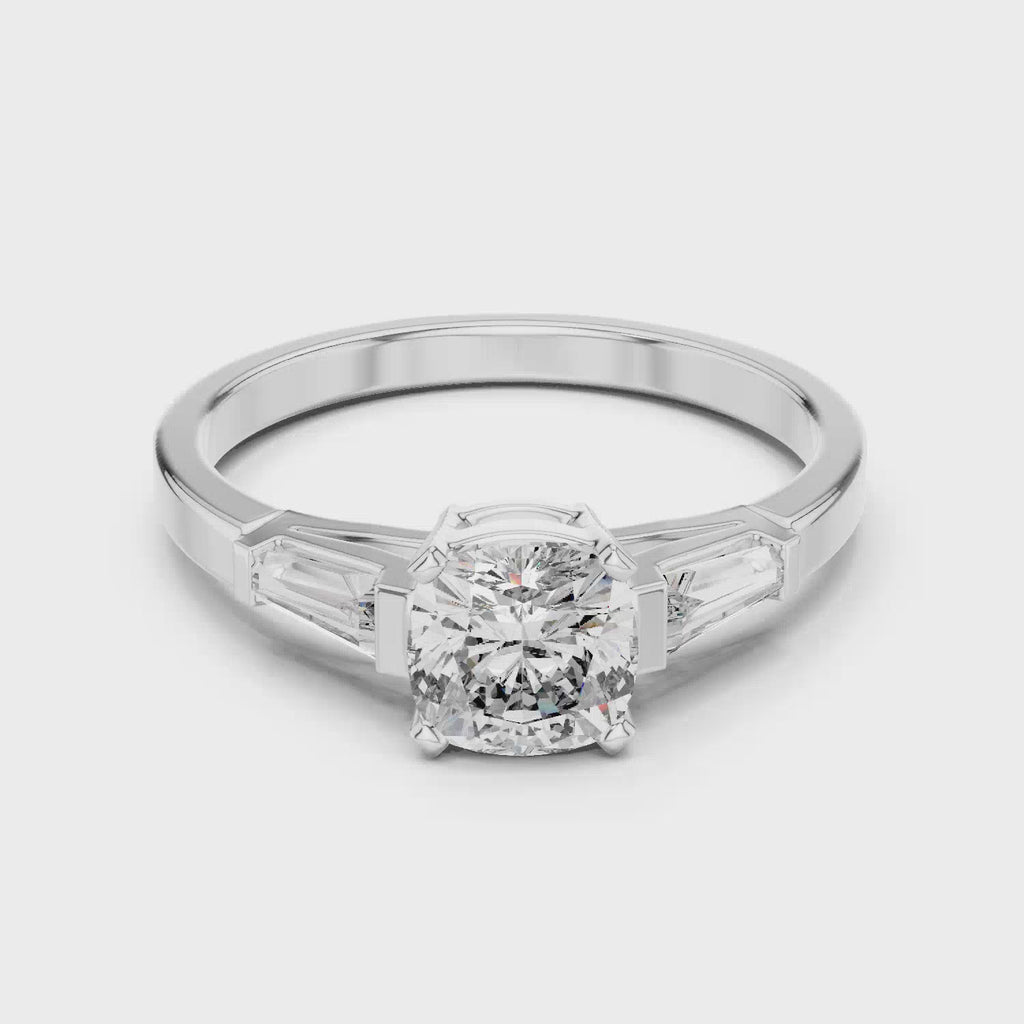Elisora Tapered Baguette Solitaire Ring | Round Brilliant Center with Baguette Side Stones | Moissanite or Lab Diamond in 10K/14K Gold or Silver
