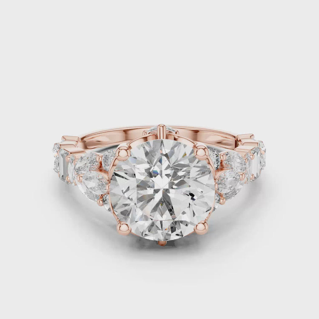 Round Brilliant Multi-Stone Moissanite Engagement Ring with Marquise & Baguette Accents - 2.5 CT Art-Deco Inspired Design in 10K/14K Gold or Silver | The Elisora Collection