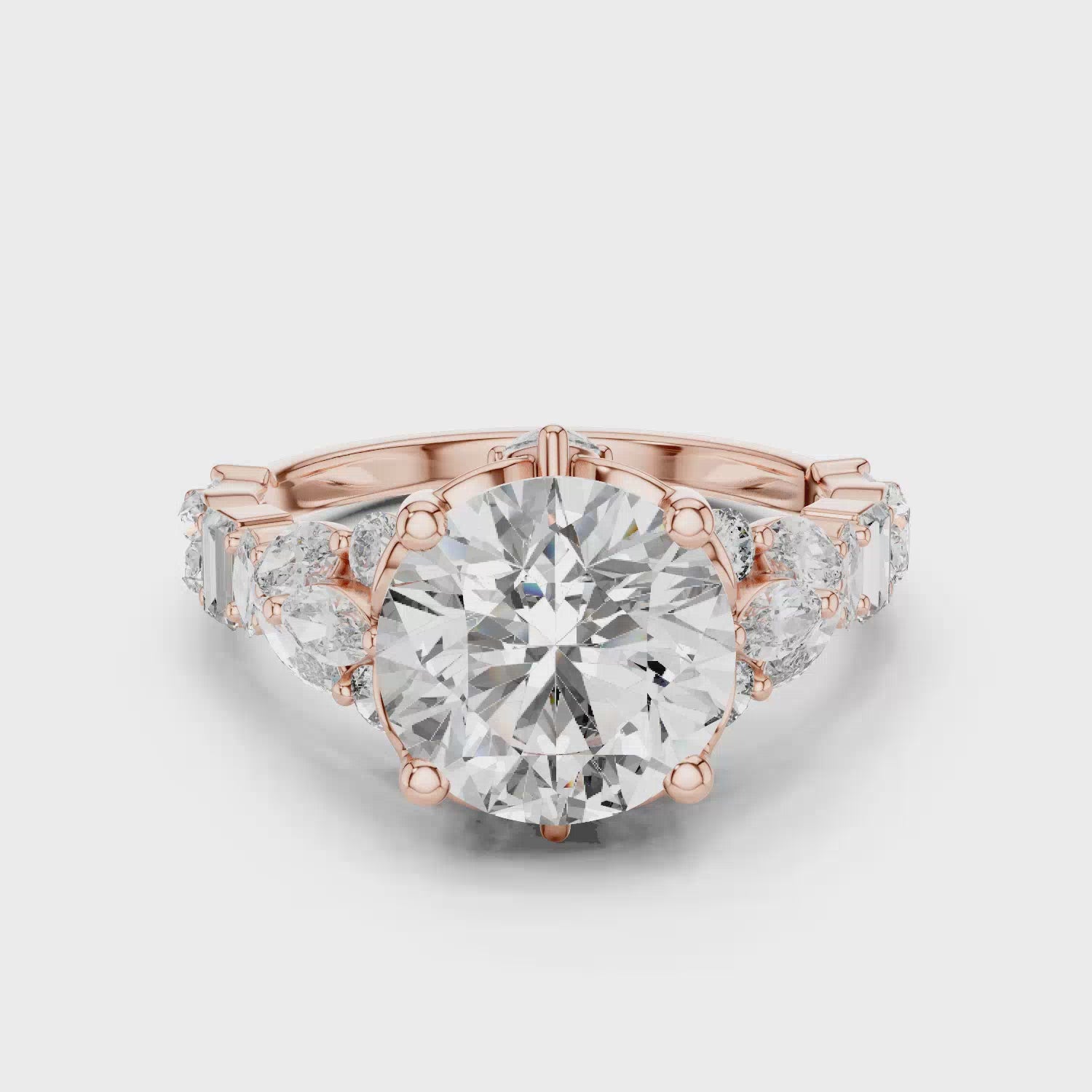 Round Brilliant Multi-Stone Moissanite Engagement Ring with Marquise & Baguette Accents - 2.5 CT Art-Deco Inspired Design in 10K/14K Gold or Silver | The Elisora Collection