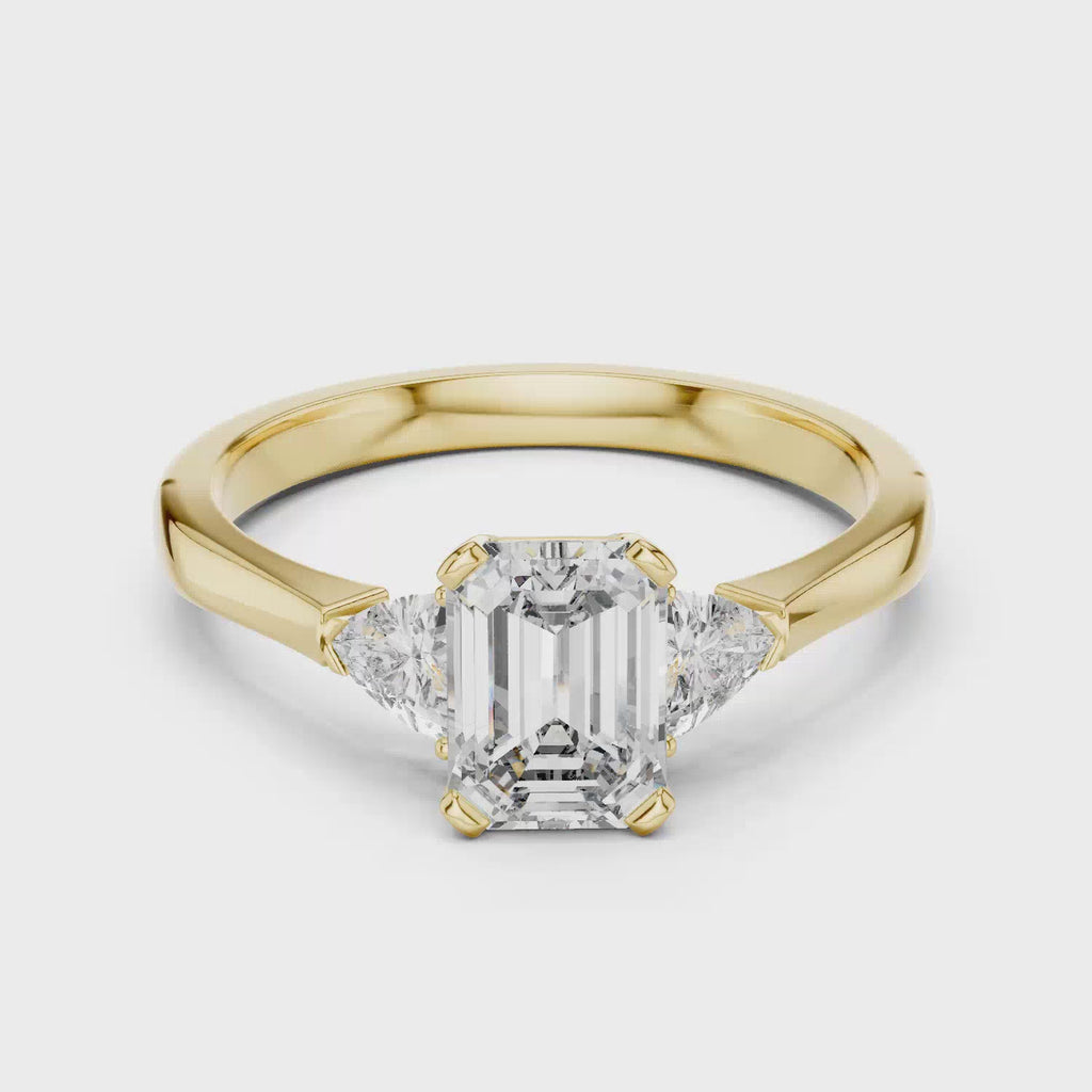 Elisora Emerald Cut Three-Stone Engagement Ring | Trillion Side Stones | Moissanite or Lab Diamond in 10K/14K Gold or Silver