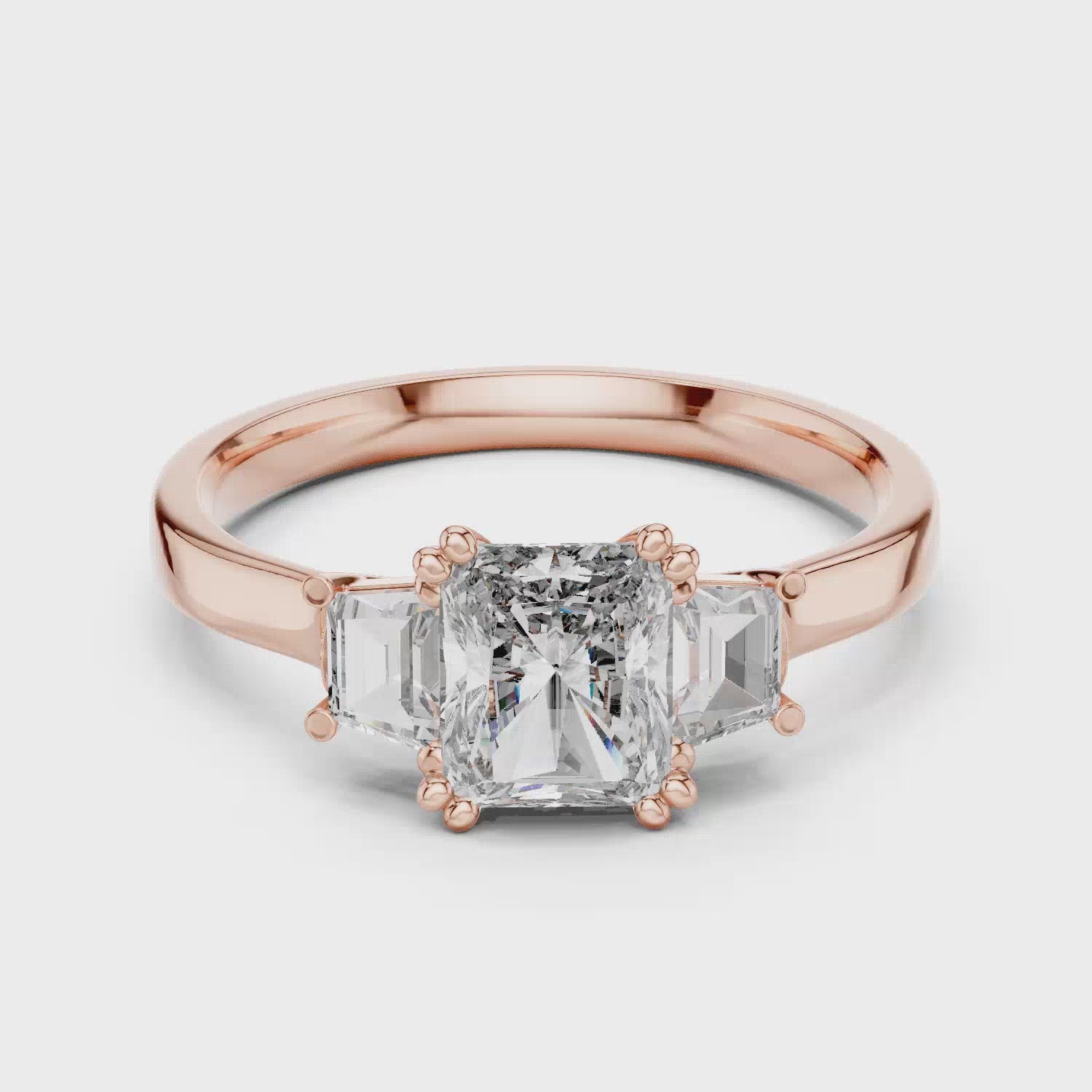 Elisora Radiant Three-Stone Engagement Ring | Radiant Cut Center with Baguette Side Stones | Moissanite or Lab Diamond in 10K/14K Gold or Silver