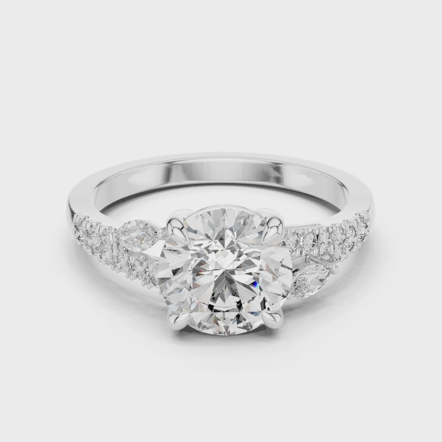 Round Brilliant Moissanite Engagement Ring with Split Pavé Band & Marquise Accents - 2.00 CT Six-Prong Bridal Design in Gold or Silver | The Elisora Jewels
