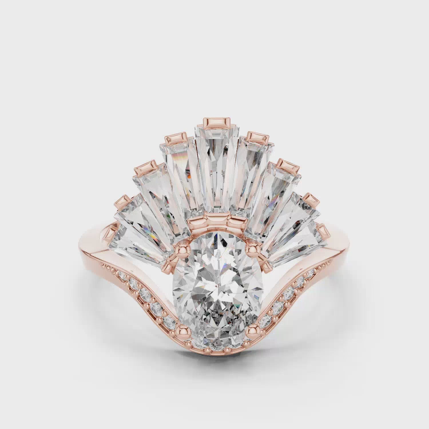 Elisora Peacock Fan Oval Moissanite Ring | Art Deco Statement Engagement & Cocktail Ring with Baguette Accents in 10K/14K Gold or Silver
