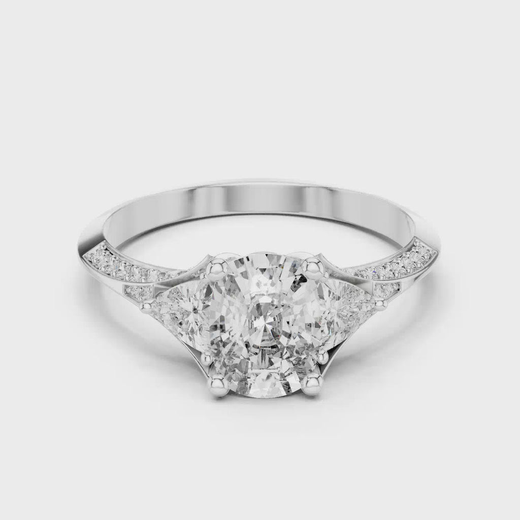 Elisora Three-Stone Cushion Moissanite Engagement Ring | Pavé Band with Trillion Side Stones in 10K/14K Gold or Silver