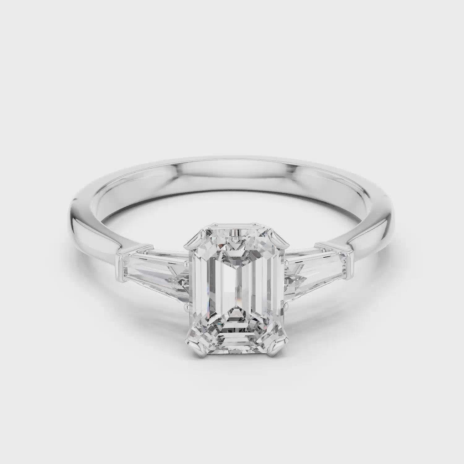Elisora Emerald-Cut Three-Stone Moissanite or Lab Diamond Engagement Ring | Trapezoid Side Stones in 10K/14K Gold or Silver