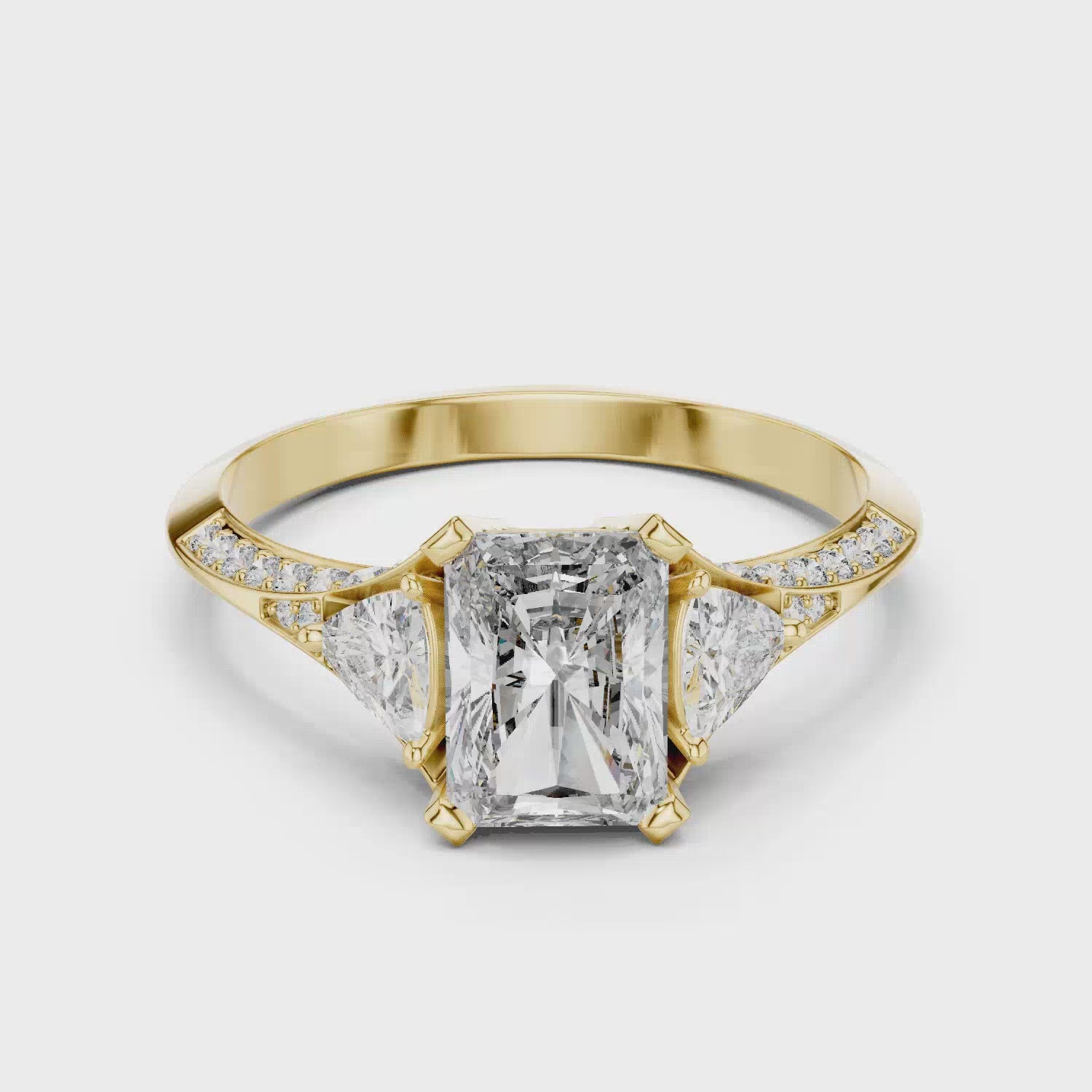 Elisora Radiant-Cut Three-Stone Moissanite Engagement Ring | Pavé Band with Trillion Side Stones in 10K/14K Gold or Silver