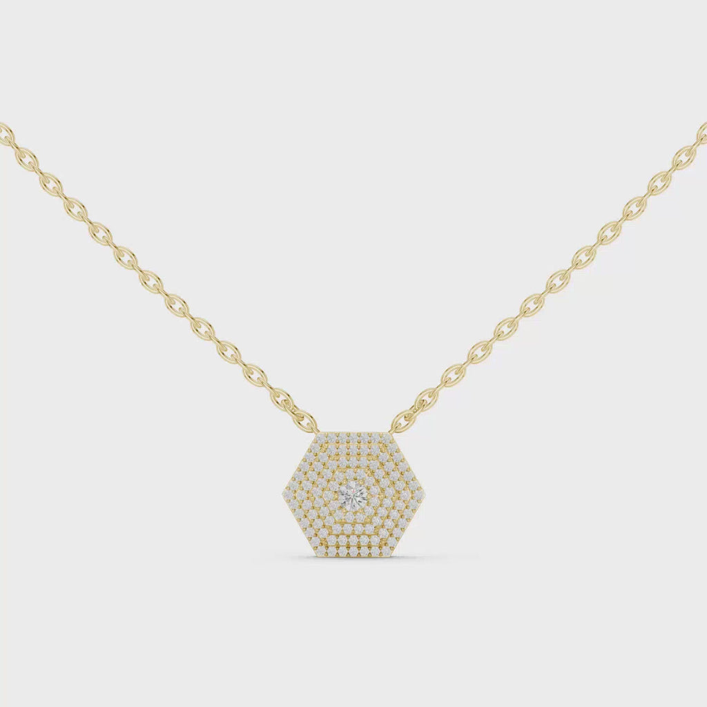 Hexagon Halo Diamond Pendant with Layered Geometric Design - 0.6 CT Modern Architectural Statement Necklace | The Elisora Jewels