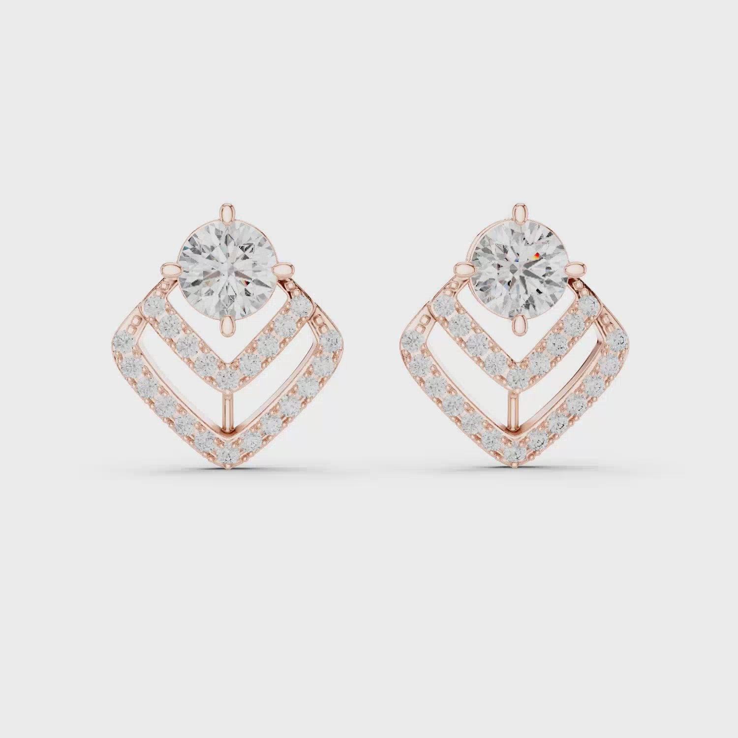 Vintage Chevron Halo Diamond Stud Earrings with Double-Layer Geometric Design - 1.25 CT Each Elegant Statement Pair | The Elisora Jewels