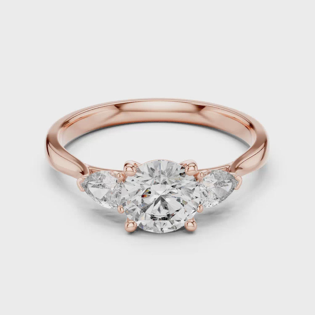 Elisora Three-Stone Engagement Ring | Round Brilliant Center with Pear Side Stones | Moissanite or Lab Diamond in 10K/14K Gold or Silver