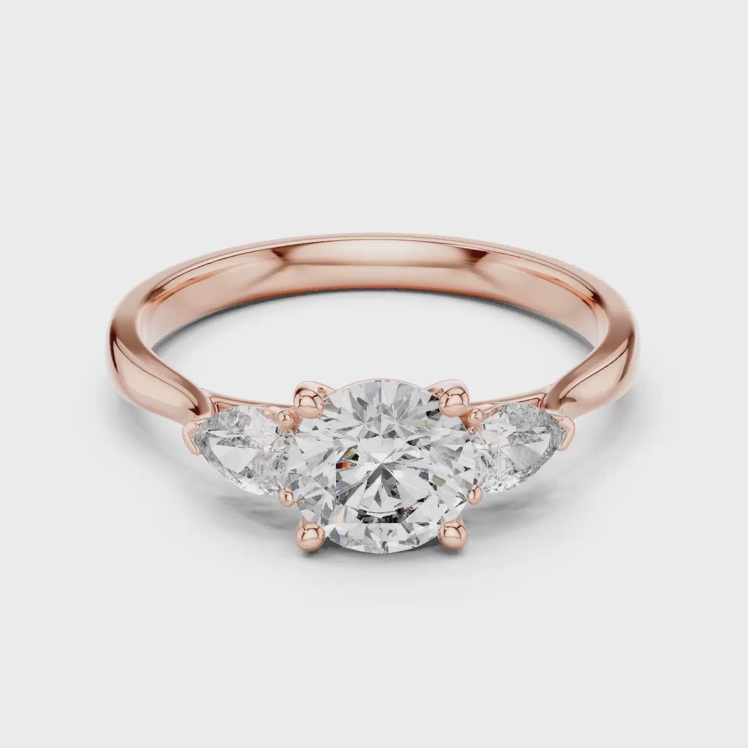 Elisora Three-Stone Engagement Ring | Round Brilliant Center with Pear Side Stones | Moissanite or Lab Diamond in 10K/14K Gold or Silver
