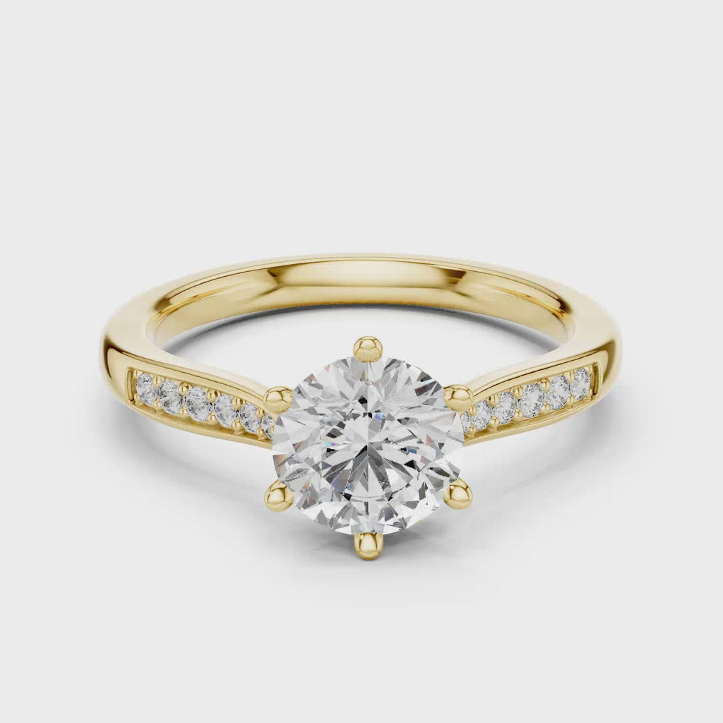 Elisora Round Solitaire Pavé Engagement Ring | Six-Prong Moissanite or Lab Diamond Ring with Pavé Band in 10K/14K Gold or Silver
