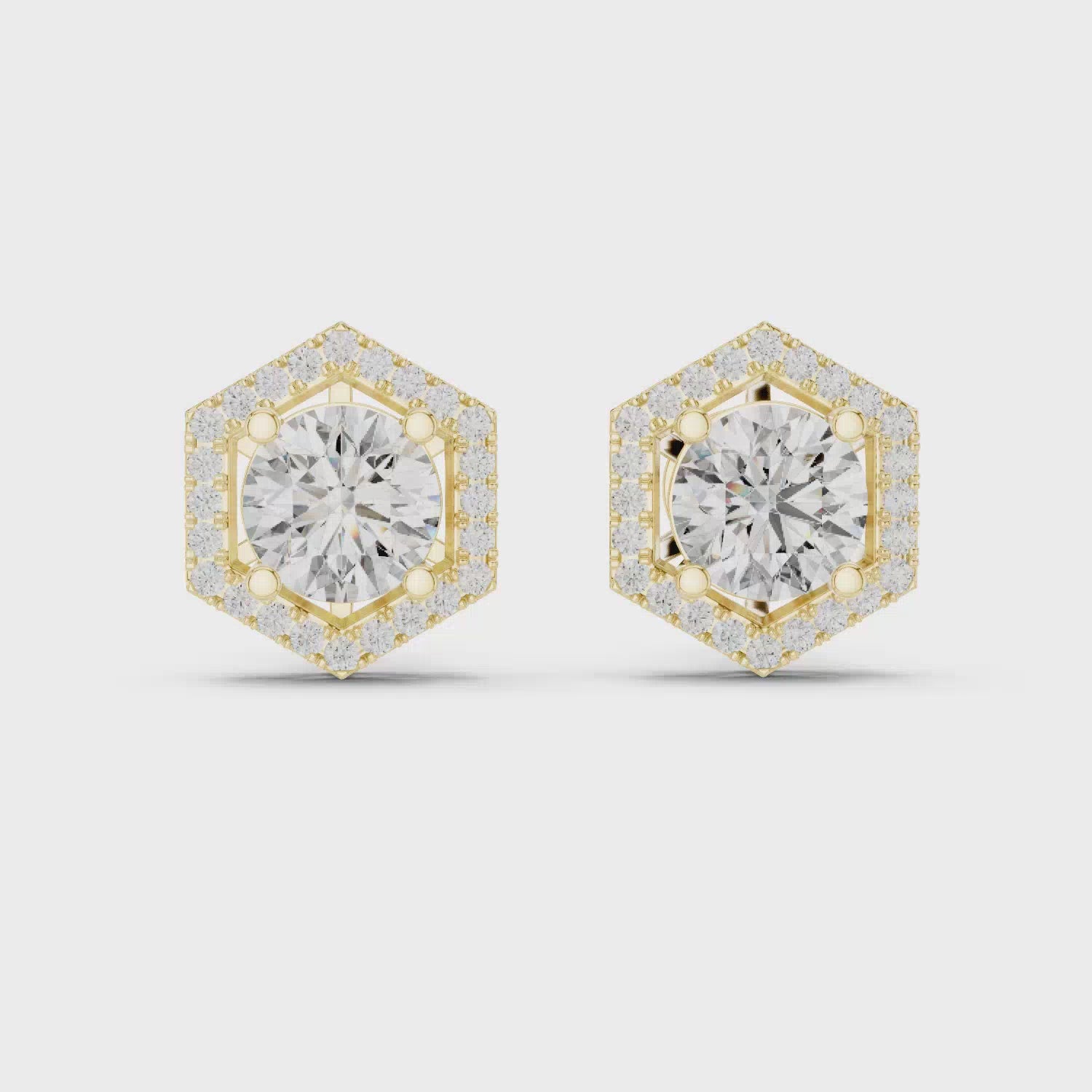 Hexagon Halo Stud Earrings | Modern Geometric Halo Earrings | Round Cut Center with Pavé Frame | Minimalist Luxury Everyday Studs