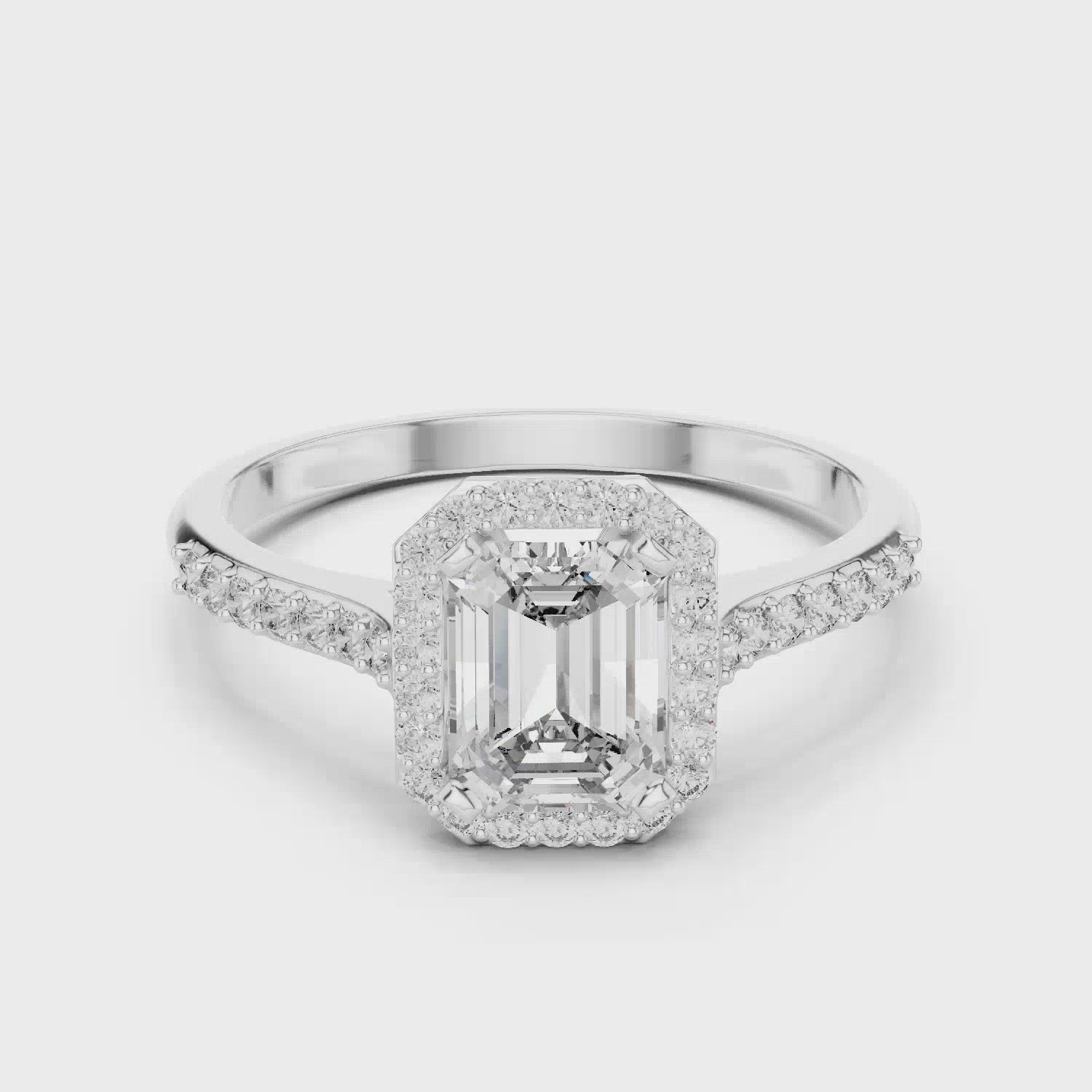 Elisora Emerald-Cut Halo Moissanite Ring | 0.85 CT D/VVS Center with 36-Stone Pavé Band | Micro-Set Engagement Ring in 10K/14K Gold or Silver