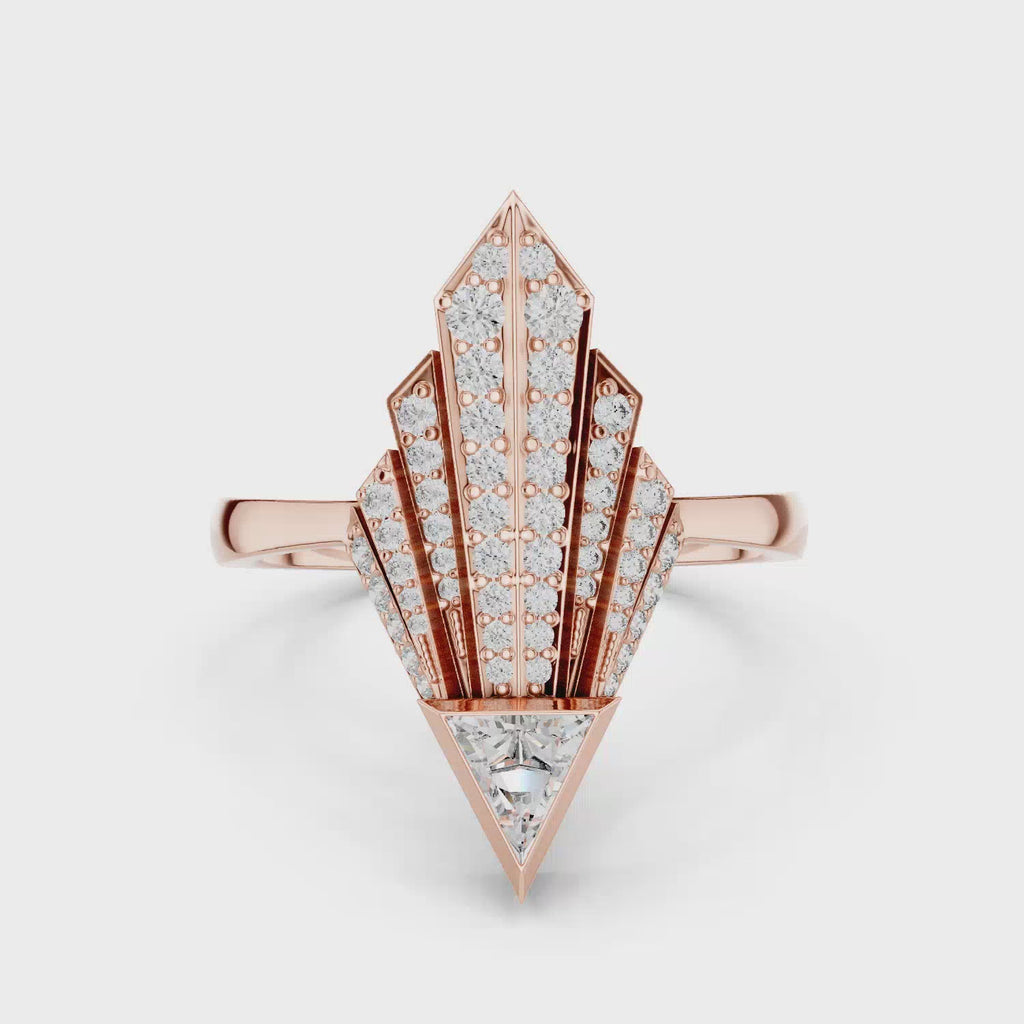 Elisora Geometric Spear Moissanite Ring | Triangle Cut Center with 52-Stone Cascade | Art Deco Statement Cocktail Ring in 10K/14K Gold or Silver
